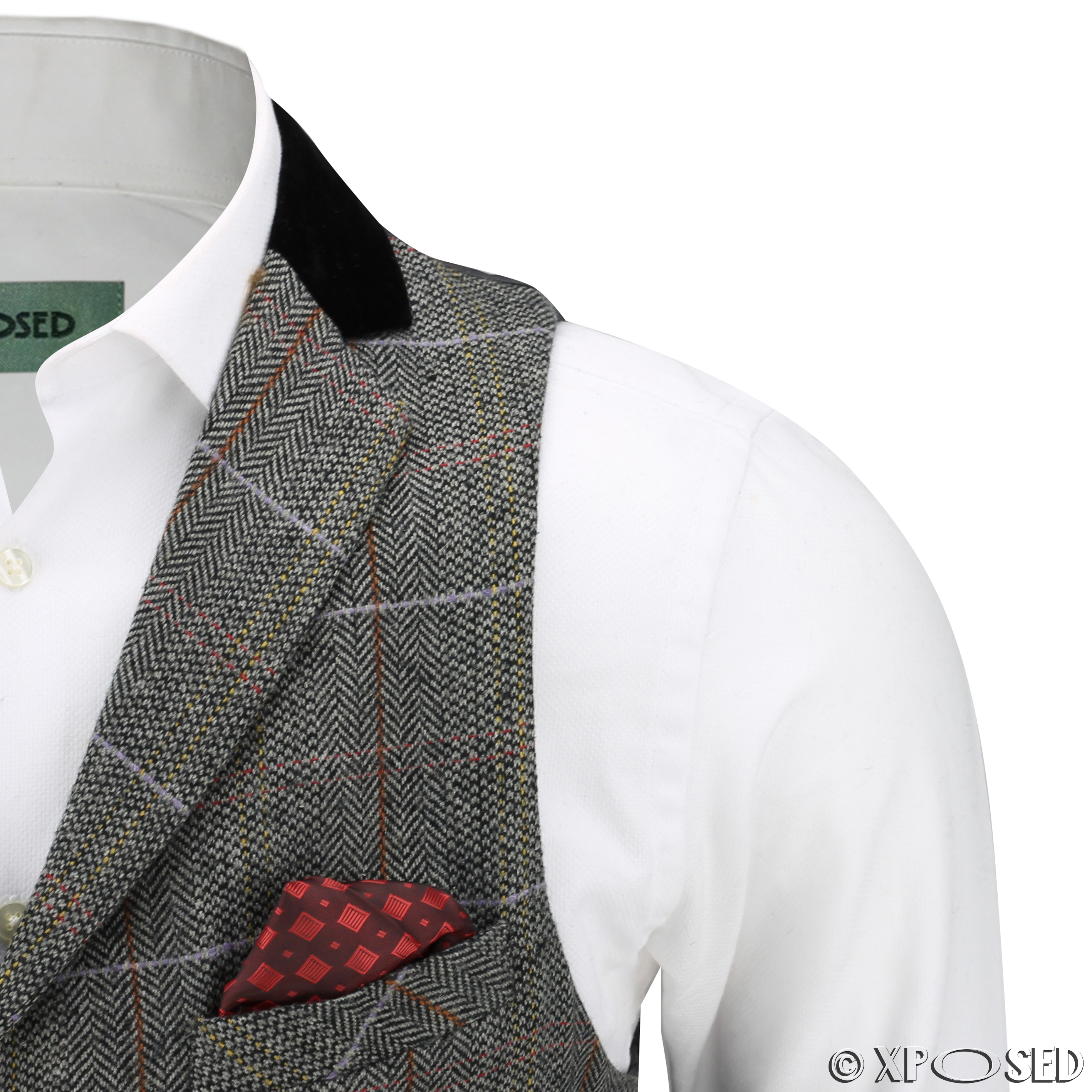 Mens Vintage Tweed Check Herringbone Velvet Collar Tailored Fit Retro ...